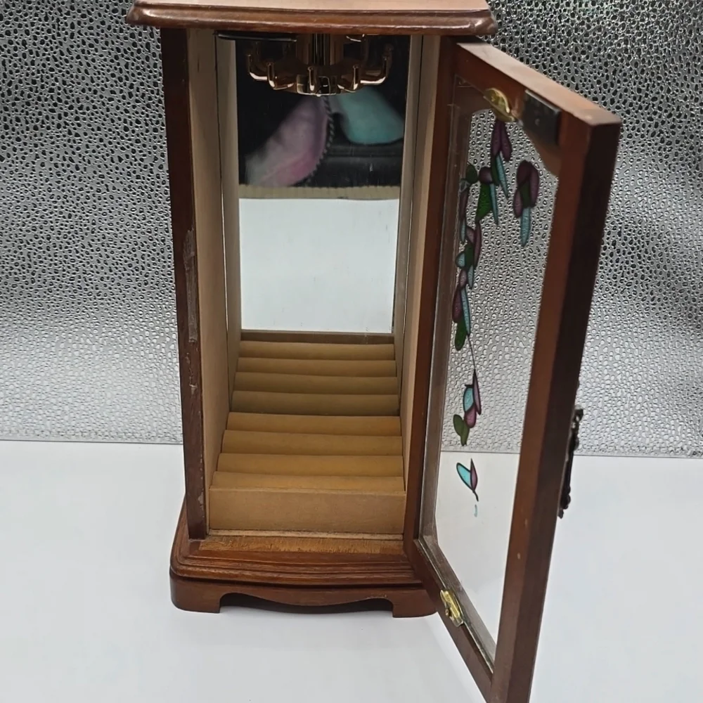 Vintage Farrington Wooden Armoire Jewelry Cabinet with Mirror and Stained Glass